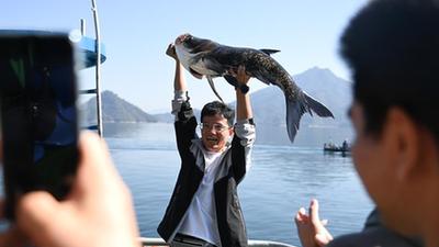 浙江：千島湖巨網(wǎng)捕魚(yú)迎豐收